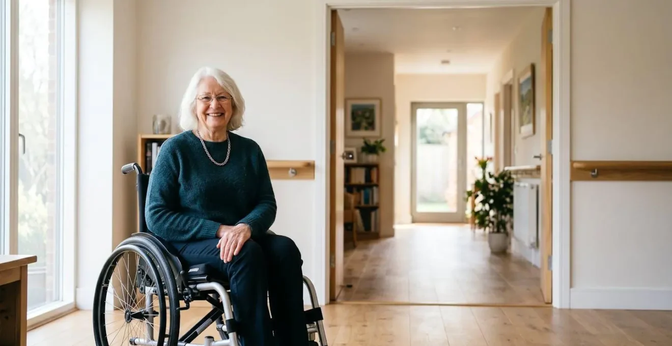 Senior person in wheelchair independently navigating a modern, accessible home interior with wide doorways and open floor plan