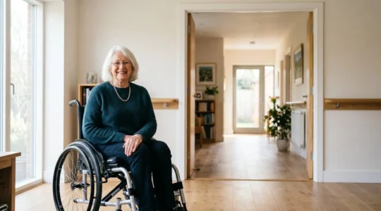 Senior person in wheelchair independently navigating a modern, accessible home interior with wide doorways and open floor plan