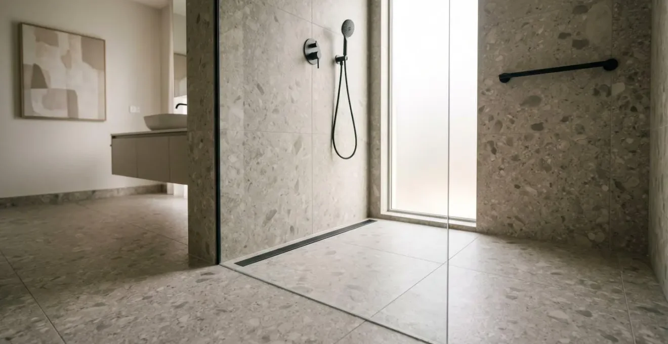 Barrier-free Italian shower with linear drain and textured anti-slip flooring in modern accessible bathroom
