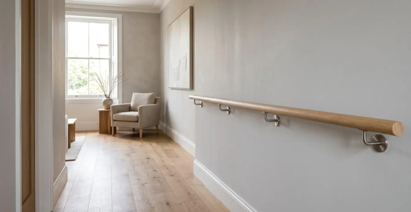 Modern UK home interior showing accessible design features for senior mobility with natural lighting and safety adaptations