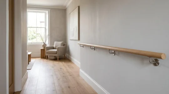 Modern UK home interior showing accessible design features for senior mobility with natural lighting and safety adaptations