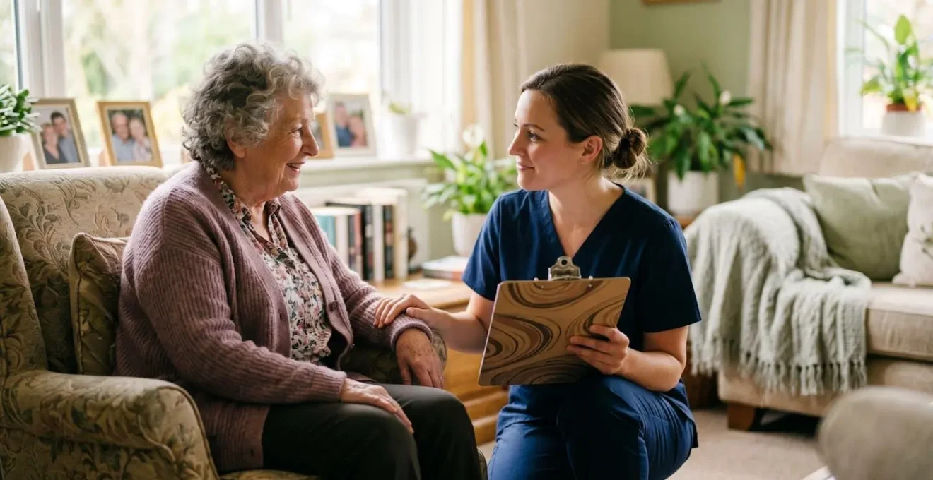 A senior patient receiving compassionate home nursing care in a calm domestic setting