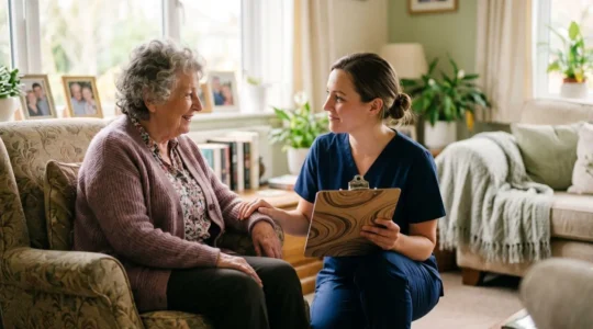 A senior patient receiving compassionate home nursing care in a calm domestic setting