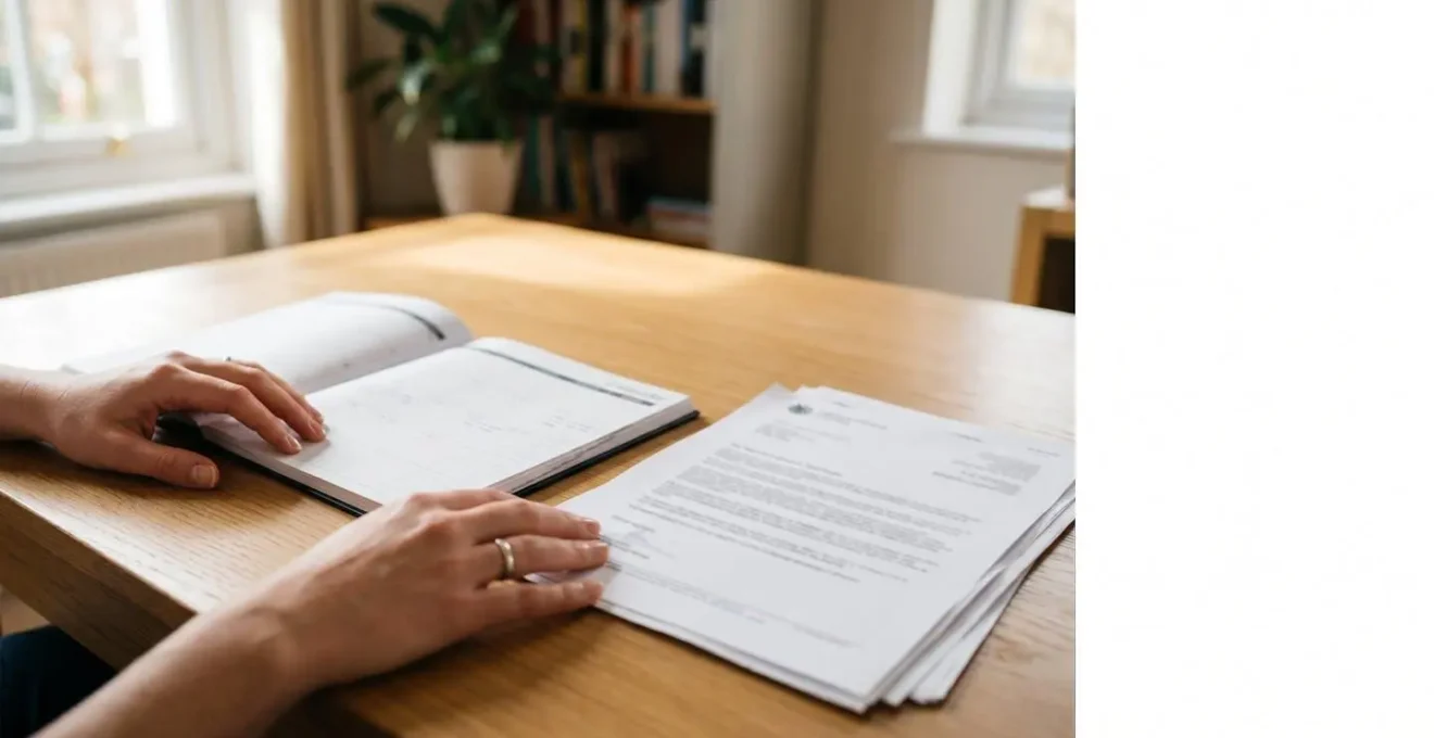 A professional editorial photograph showing a calendar and hands reviewing official documents on a wooden table, representing the planning process for home adaptations
