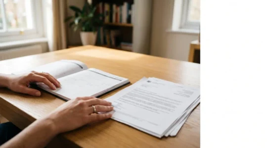 A professional editorial photograph showing a calendar and hands reviewing official documents on a wooden table, representing the planning process for home adaptations