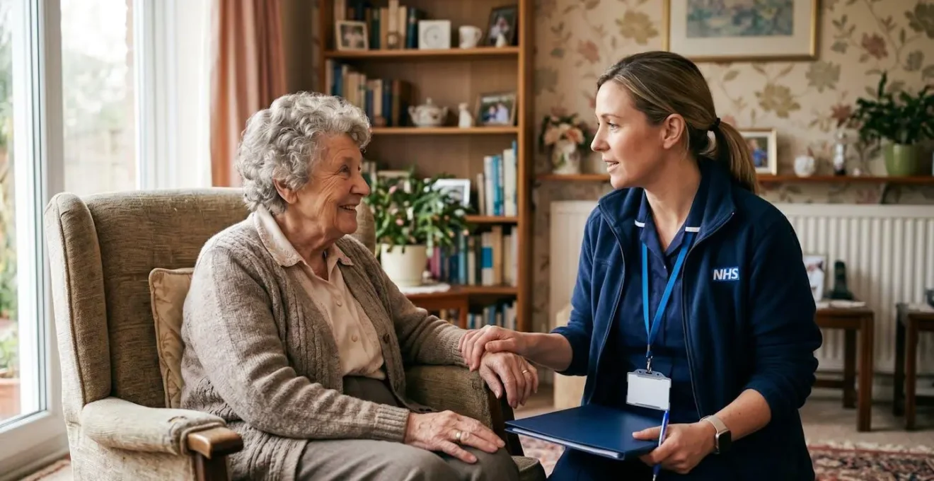 District nurse providing compassionate care to elderly housebound patient in a comfortable home setting