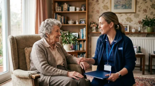 District nurse providing compassionate care to elderly housebound patient in a comfortable home setting