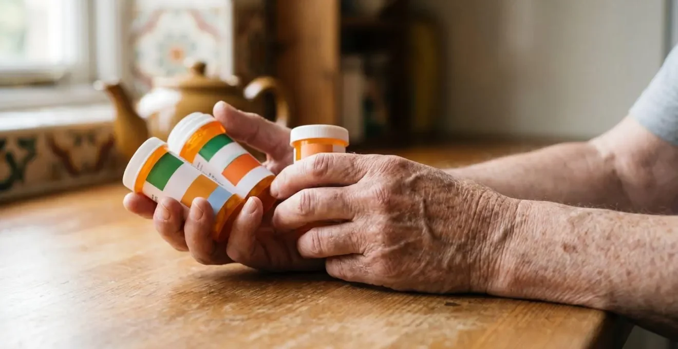 Senior adult examining multiple pill bottles in a naturally lit home environment, representing the challenge of medication management