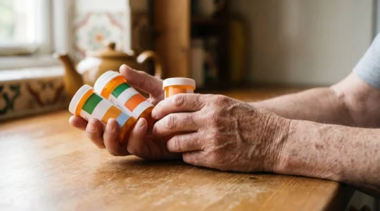 Senior adult examining multiple pill bottles in a naturally lit home environment, representing the challenge of medication management