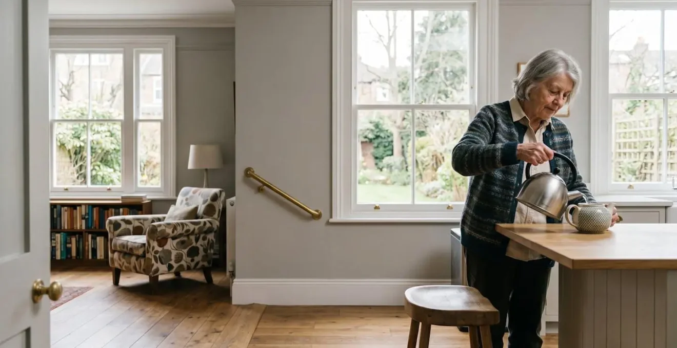 Senior person living independently in a comfortable British home with accessible features