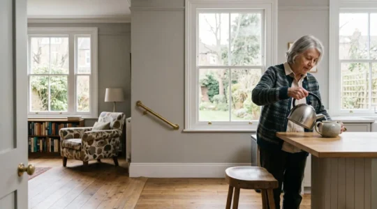 Senior person living independently in a comfortable British home with accessible features