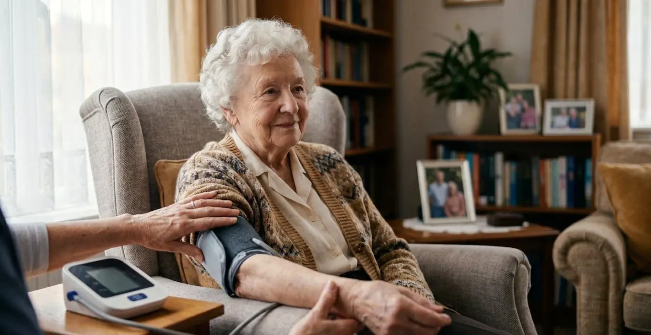 Elderly person sitting comfortably at home while caregiver monitors vital signs with medical equipment on table