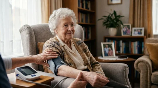 Elderly person sitting comfortably at home while caregiver monitors vital signs with medical equipment on table