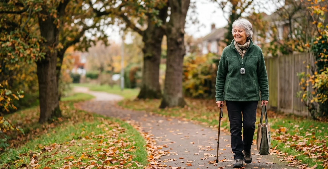 Senior person wearing personal alarm device outdoors in UK environment