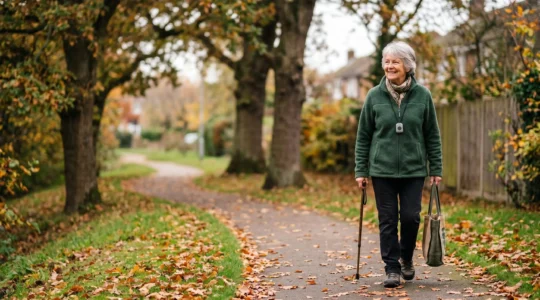 Senior person wearing personal alarm device outdoors in UK environment