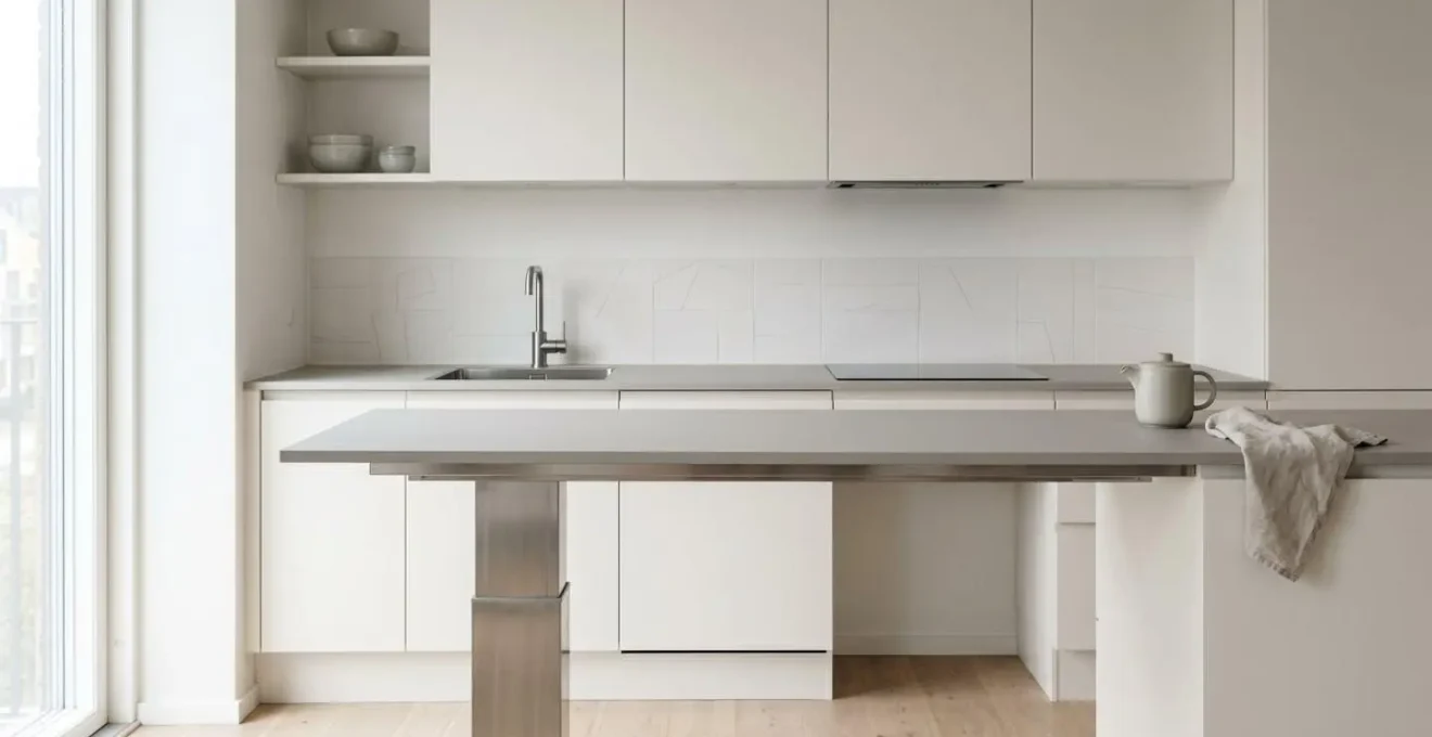 Height-adjustable kitchen worktop system transitioning between standing and seated positions in an accessible home kitchen