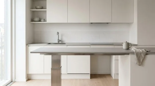 Height-adjustable kitchen worktop system transitioning between standing and seated positions in an accessible home kitchen