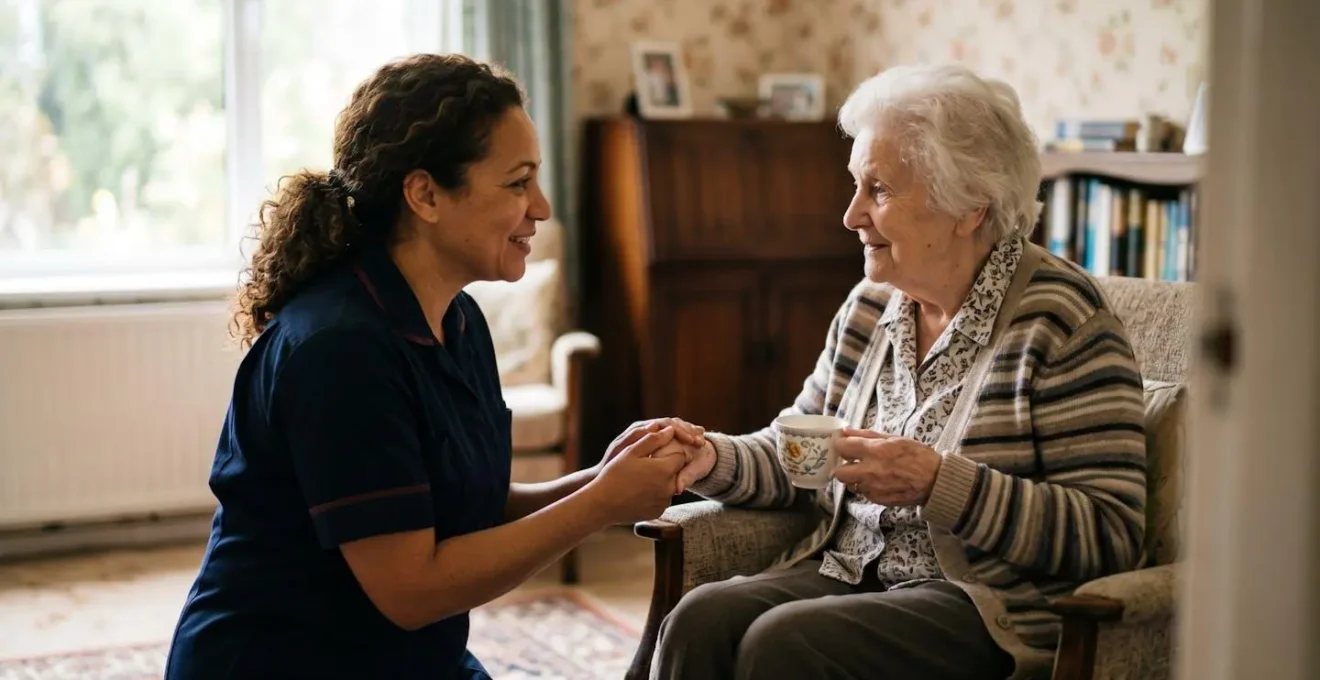 Professional home care assistant consulting with an elderly person in a comfortable UK home setting, demonstrating compassionate care planning