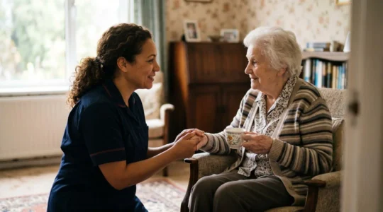 Professional home care assistant consulting with an elderly person in a comfortable UK home setting, demonstrating compassionate care planning