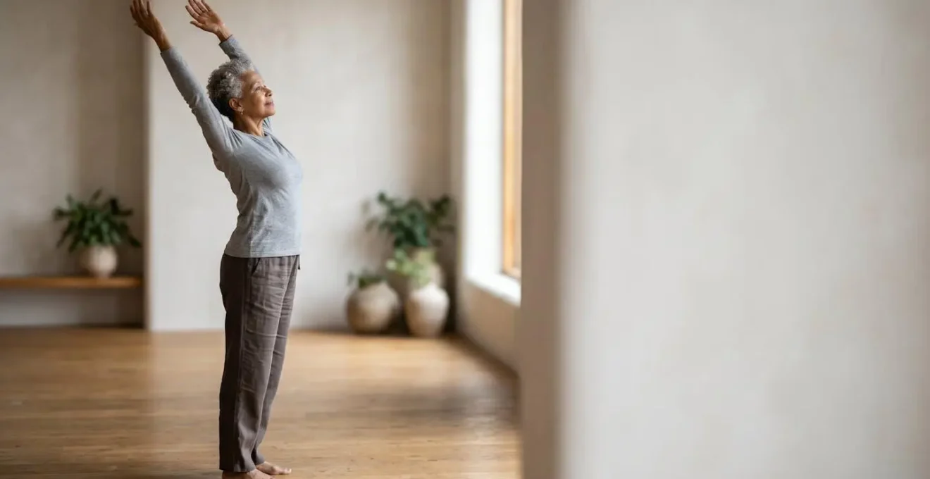 Peaceful senior person practicing gentle stretching exercise in soft natural lighting