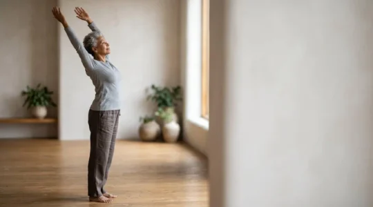 Peaceful senior person practicing gentle stretching exercise in soft natural lighting