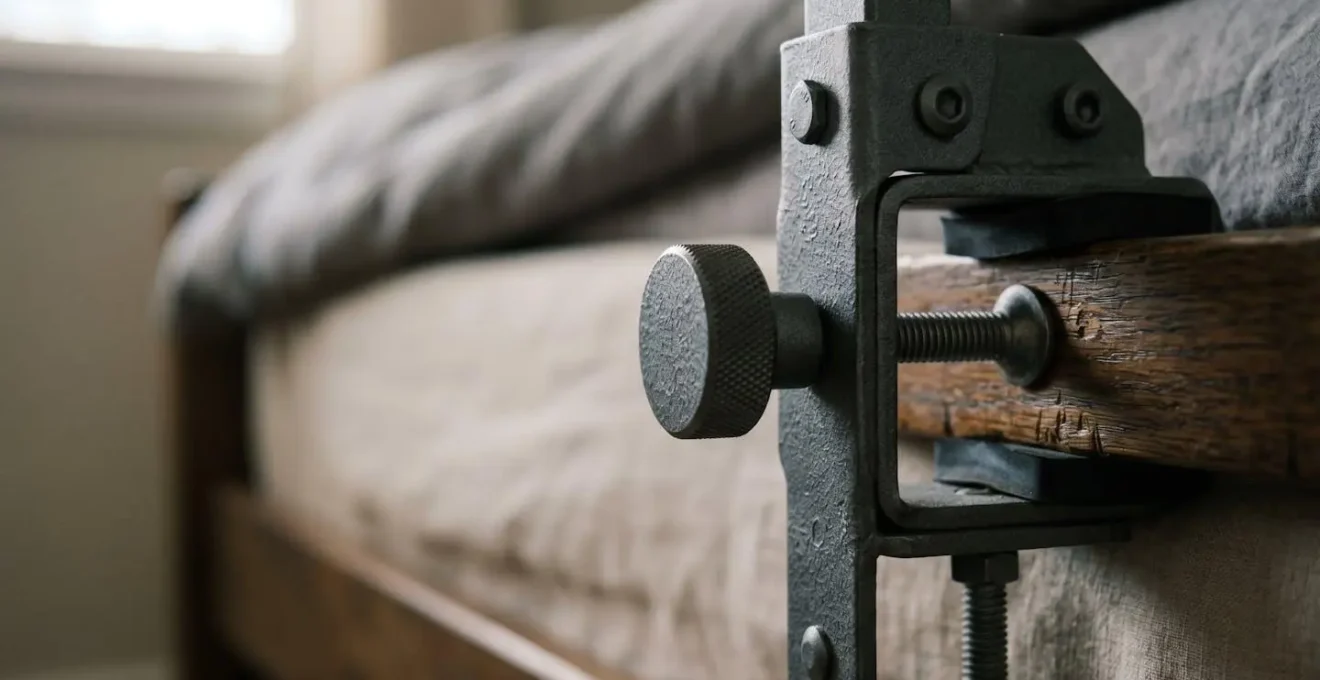 Close-up view of a heavy-duty clamp-on bed rail secured to a bed frame, showing metal clamp mechanism and reinforced construction for bariatric weight support