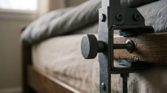 Close-up view of a heavy-duty clamp-on bed rail secured to a bed frame, showing metal clamp mechanism and reinforced construction for bariatric weight support