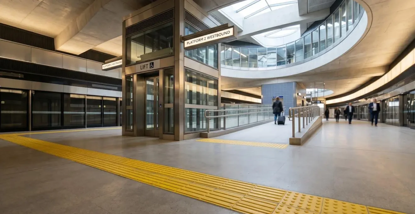 Modern London Underground station featuring wide accessible platforms and step-free infrastructure with natural lighting