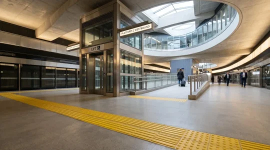 Modern London Underground station featuring wide accessible platforms and step-free infrastructure with natural lighting