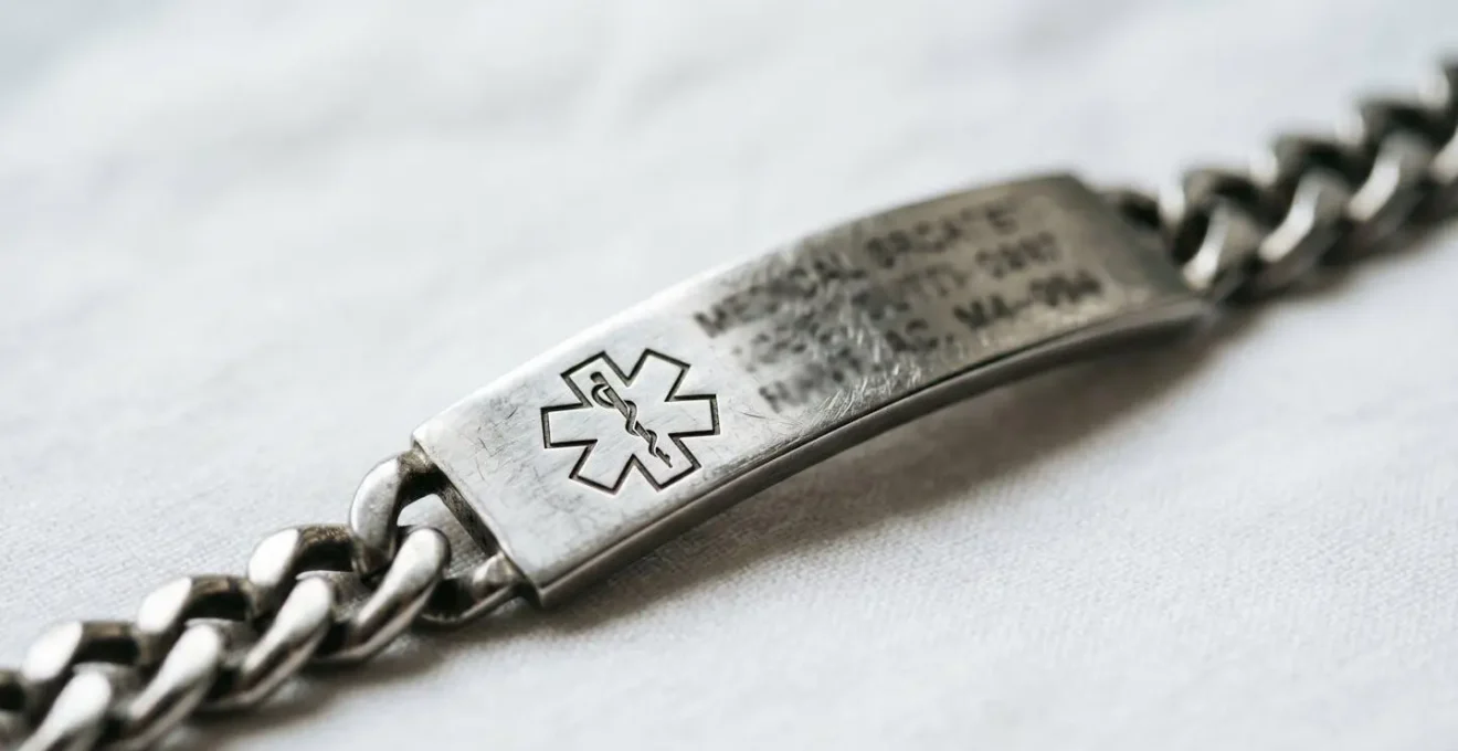 Close-up view of a medical alert bracelet showing engraved emergency health information on metal surface