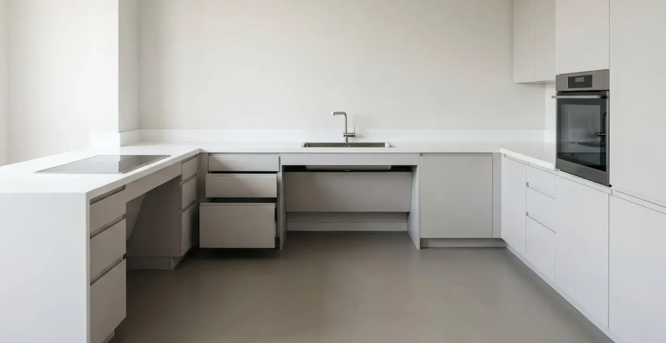 Modern wheelchair-accessible kitchen showcasing barrier-free design with lowered work surfaces and open knee clearance beneath countertops