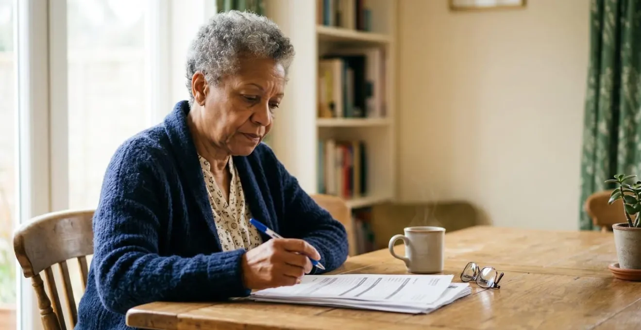 A senior person reviewing official documents at a clean wooden desk with natural window light, showing determination and focus in navigating healthcare bureaucracy