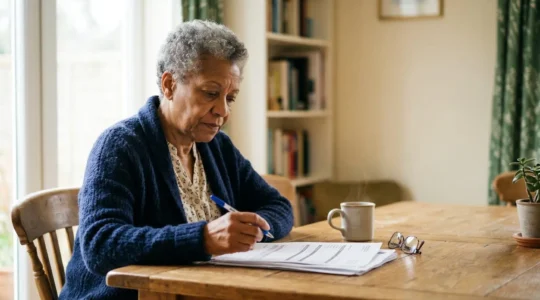 A senior person reviewing official documents at a clean wooden desk with natural window light, showing determination and focus in navigating healthcare bureaucracy