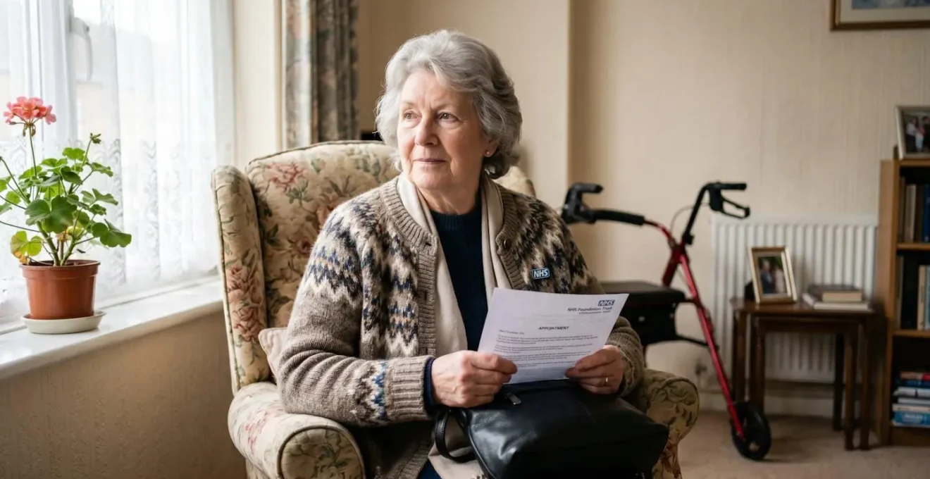 Elderly patient preparing for hospital appointment with mobility assistance