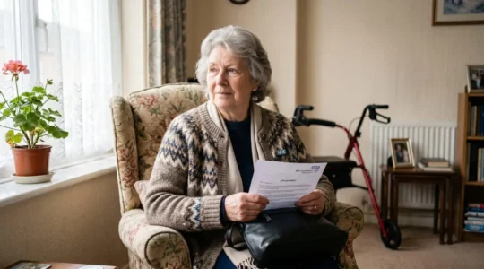 Elderly patient preparing for hospital appointment with mobility assistance