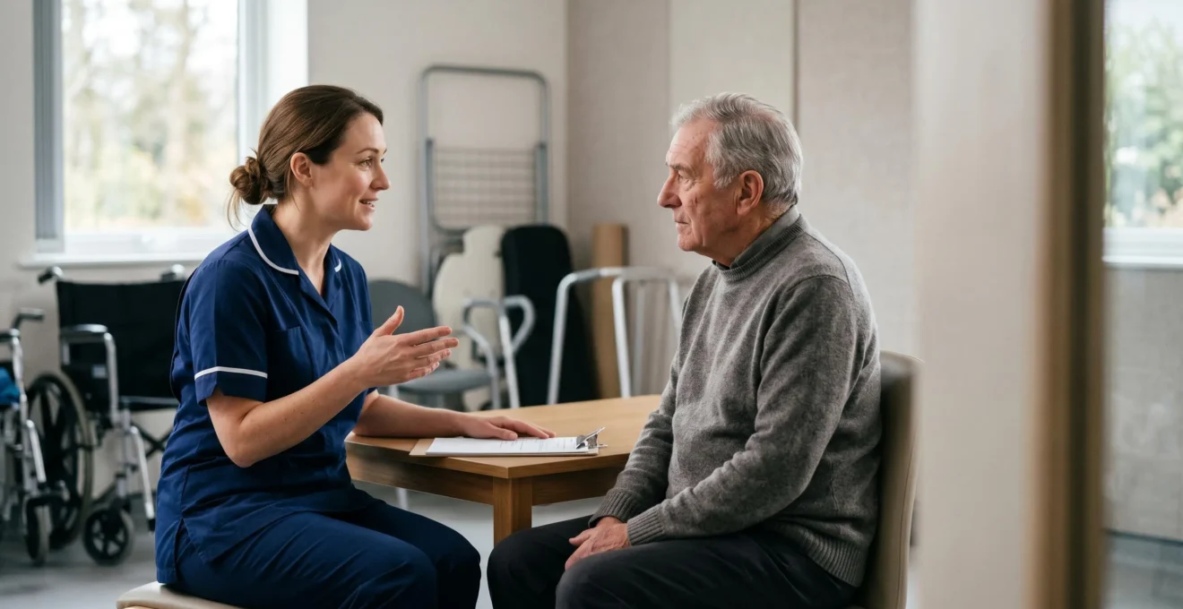 Healthcare professional consulting with senior patient about wheelchair options in modern NHS clinical setting