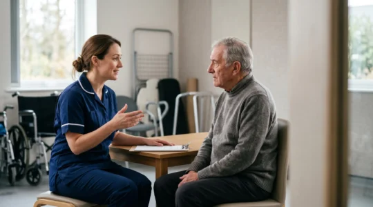Healthcare professional consulting with senior patient about wheelchair options in modern NHS clinical setting