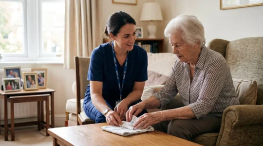 Occupational therapist conducting an autonomy assessment with an elderly person in their home environment