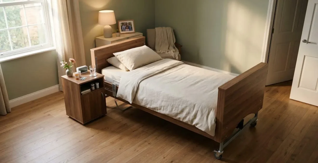 A carefully arranged bedroom with adjustable medical bed and supportive equipment for home end-of-life care