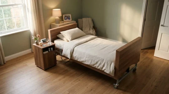 A carefully arranged bedroom with adjustable medical bed and supportive equipment for home end-of-life care