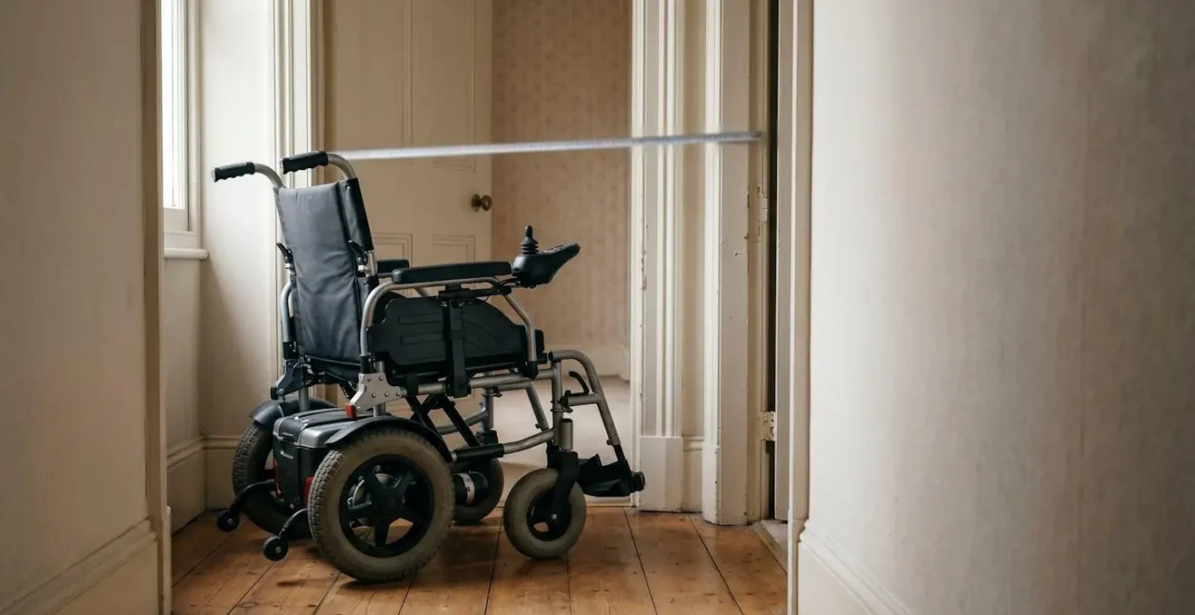 Power wheelchair user approaching a standard UK residential doorway with measuring tape showing clearance dimensions
