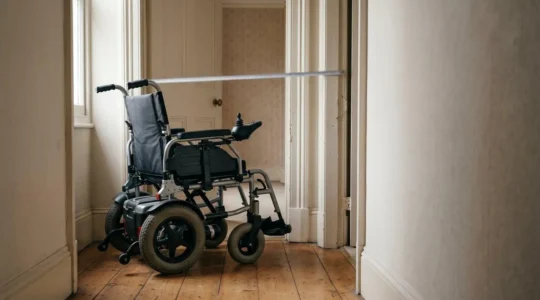 Power wheelchair user approaching a standard UK residential doorway with measuring tape showing clearance dimensions