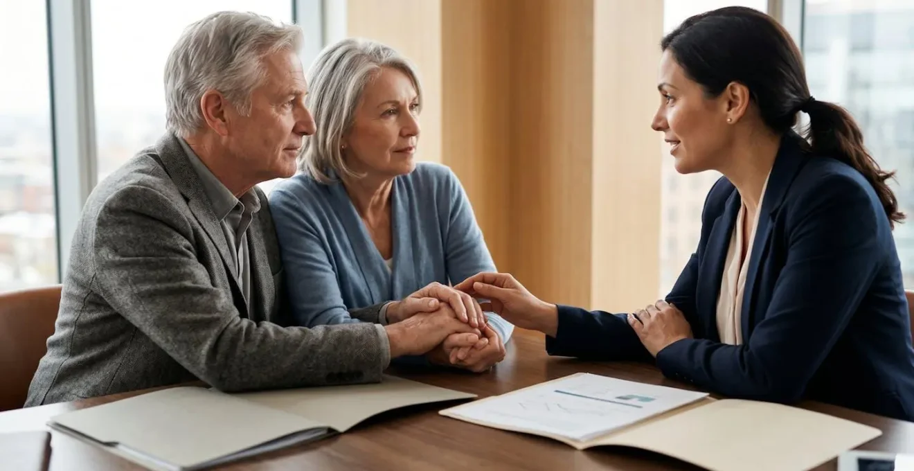 Senior couple reviewing care home fee planning documents with professional financial advisor in consultation