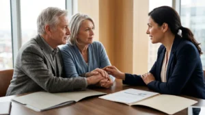 Senior couple reviewing care home fee planning documents with professional financial advisor in consultation