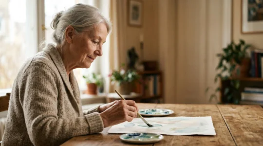 Elderly person engaged in therapeutic art creation showing emotional expression and healing