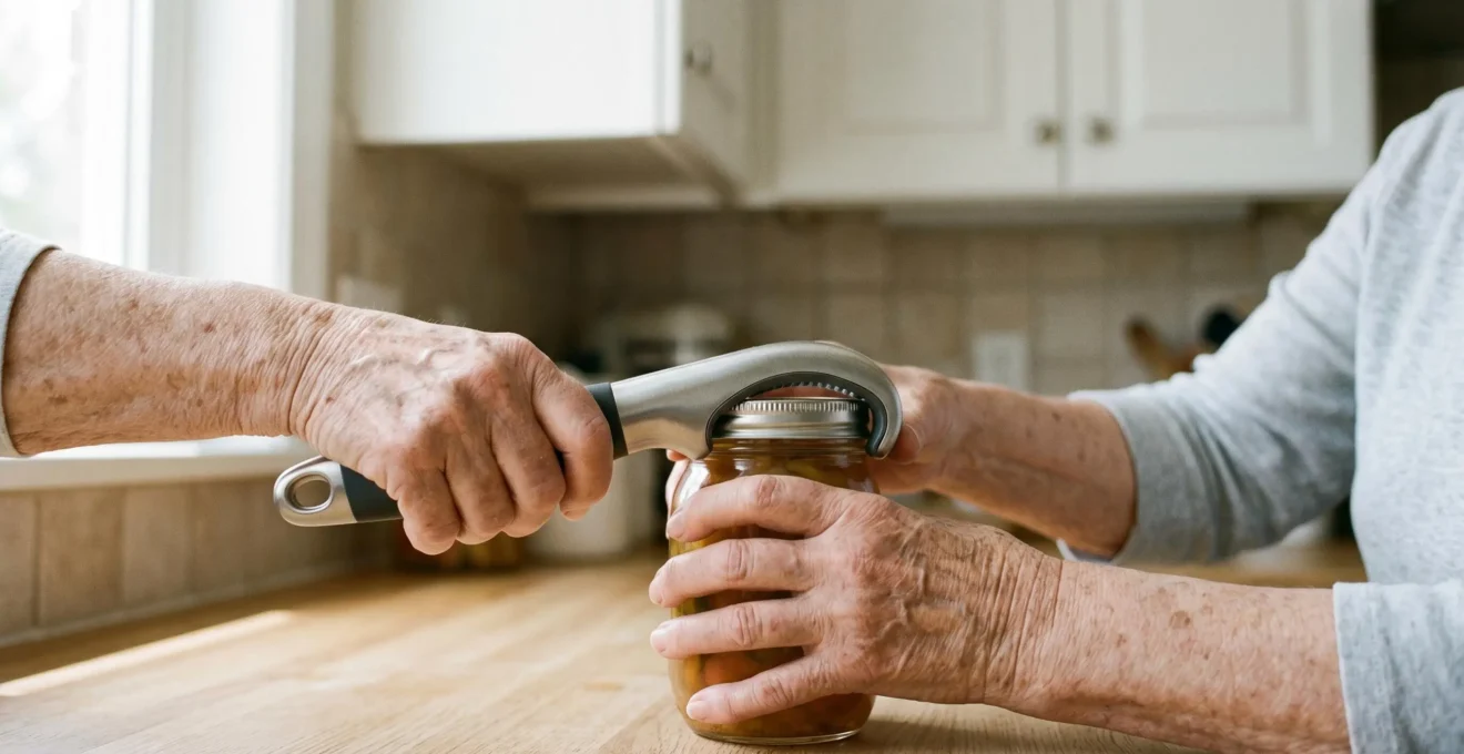 Senior adult's hands using an ergonomic jar opener device in a modern kitchen, symbolizing maintained independence through simple assistive technology