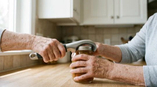 Senior adult's hands using an ergonomic jar opener device in a modern kitchen, symbolizing maintained independence through simple assistive technology