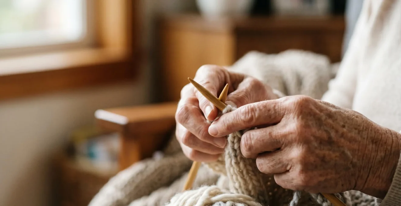 Close-up of elderly hands gently working with knitting needles and soft yarn, showing adaptive technique and resilience