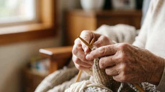 Close-up of elderly hands gently working with knitting needles and soft yarn, showing adaptive technique and resilience
