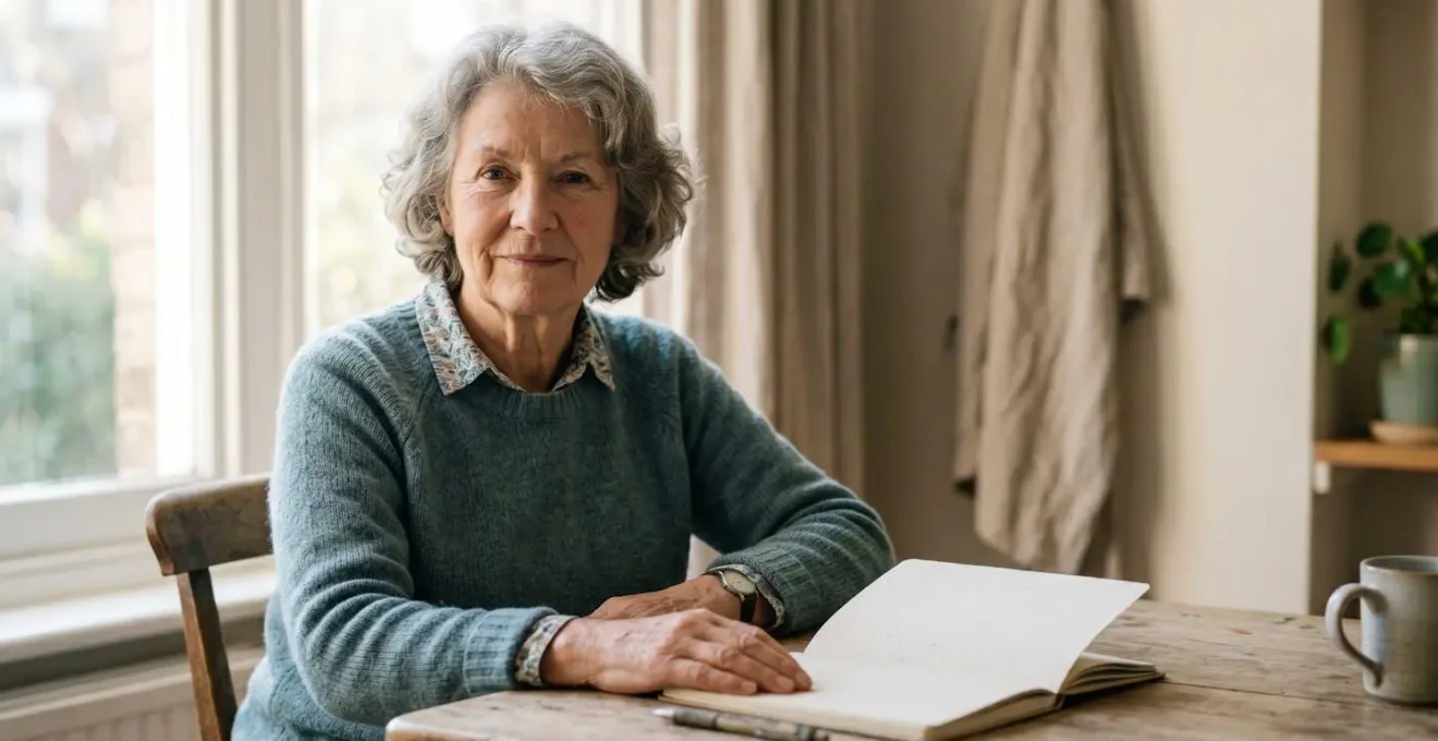 A senior adult confidently reviewing their health journal in a naturally lit, calm home environment